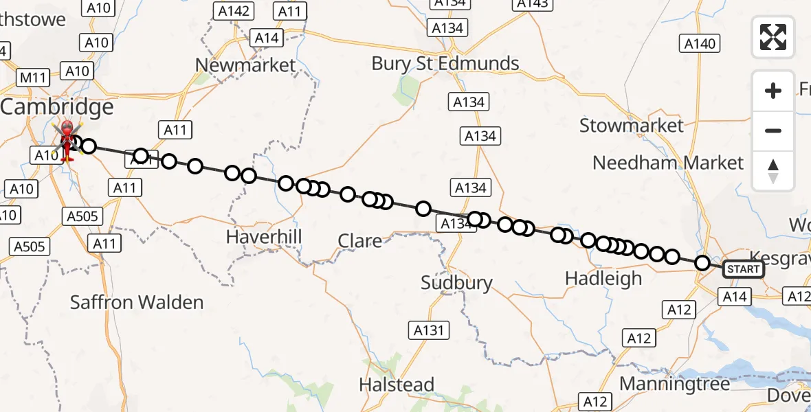 Flight route Air Ambulance Helicopter Ipswich - Papworth Hospital, 07 September 2026, 16:42