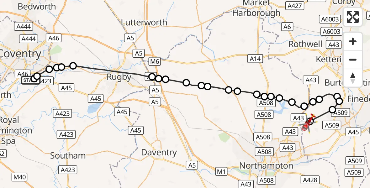 Flight route Air Ambulance Helicopter Coventry Airport - Sywell Aerodrome, 07 September 2026, 16:50