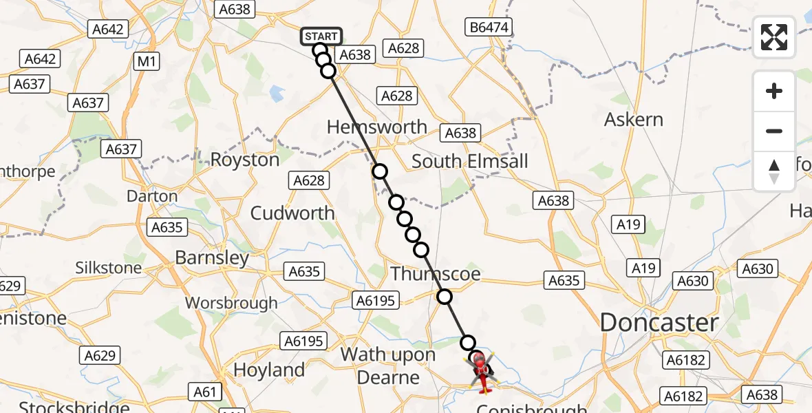Flight route Air Ambulance Helicopter YAA Nostell Helicopter Port - Old Denaby, 07 September 2026, 17:01