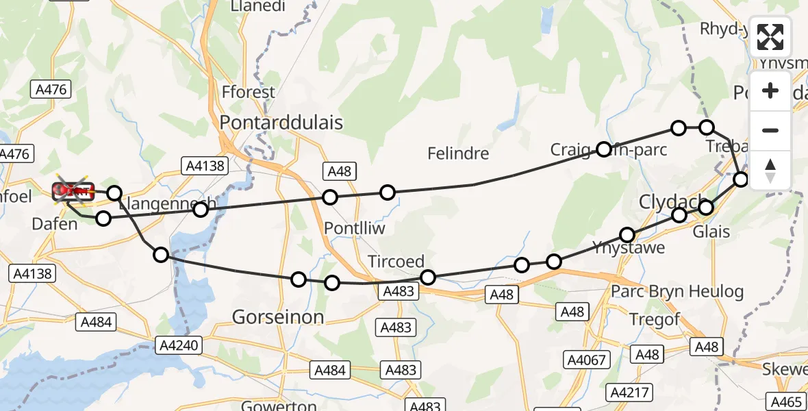 Flight route Air Ambulance Helicopter Dafen - Dafen, 07 September 2026, 17:04