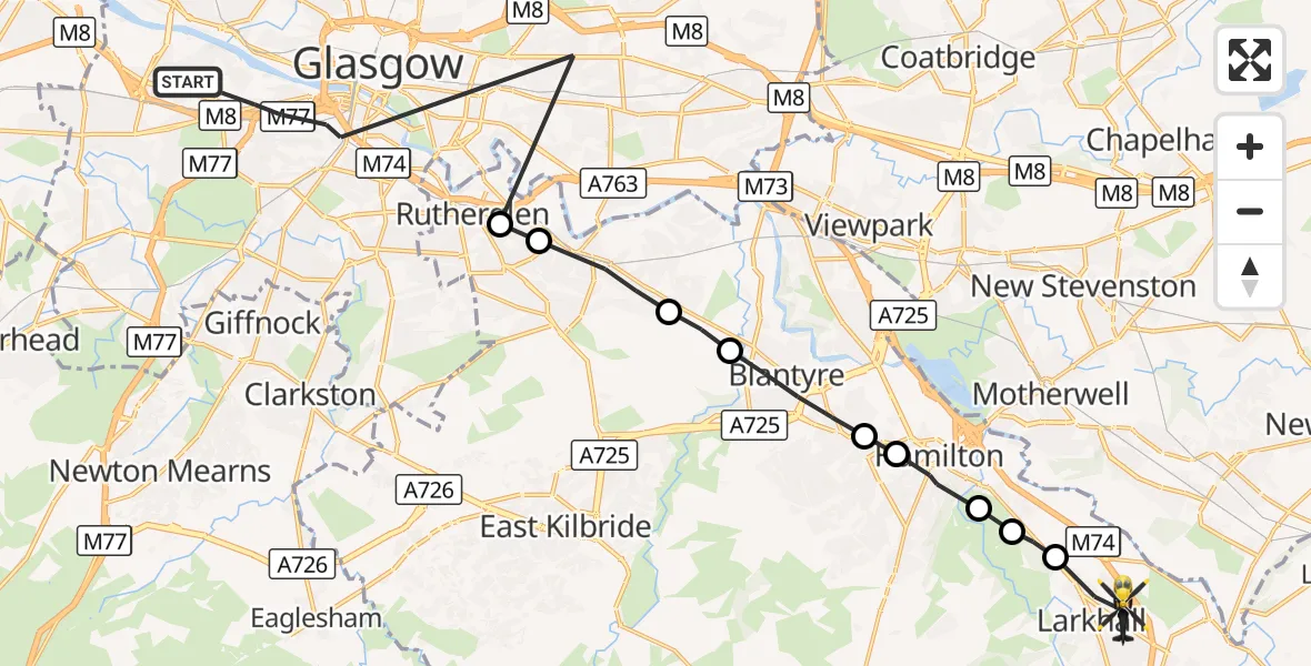 Flight route Police Helicopter Glasgow - Larkhall, 07 September 2026, 17:05
