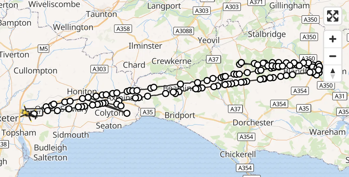 Flight route Police Helicopter Rockbeare - Exeter International Airport, 07 September 2026, 17:08