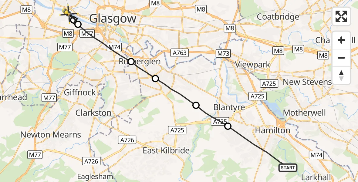 Flight route Police Helicopter Hamilton - Glasgow, 07 September 2026, 17:24