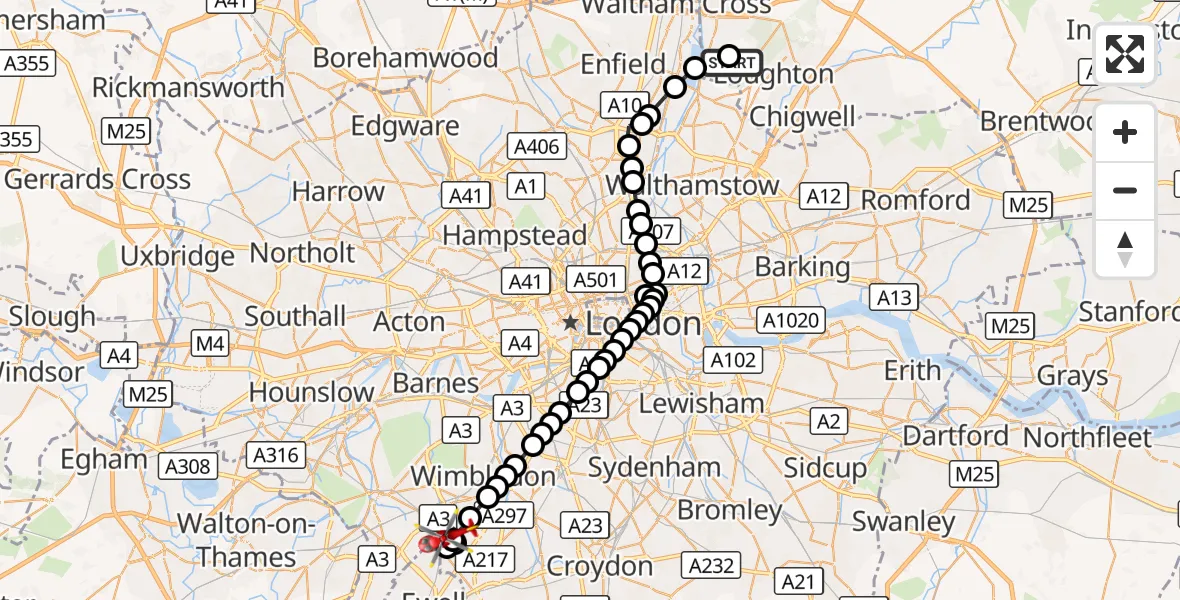 Flight route Air Ambulance Helicopter Metropolitan Police Air Support Unit Lippitts Hill - Lower Morden, 07 September 2026, 17:30