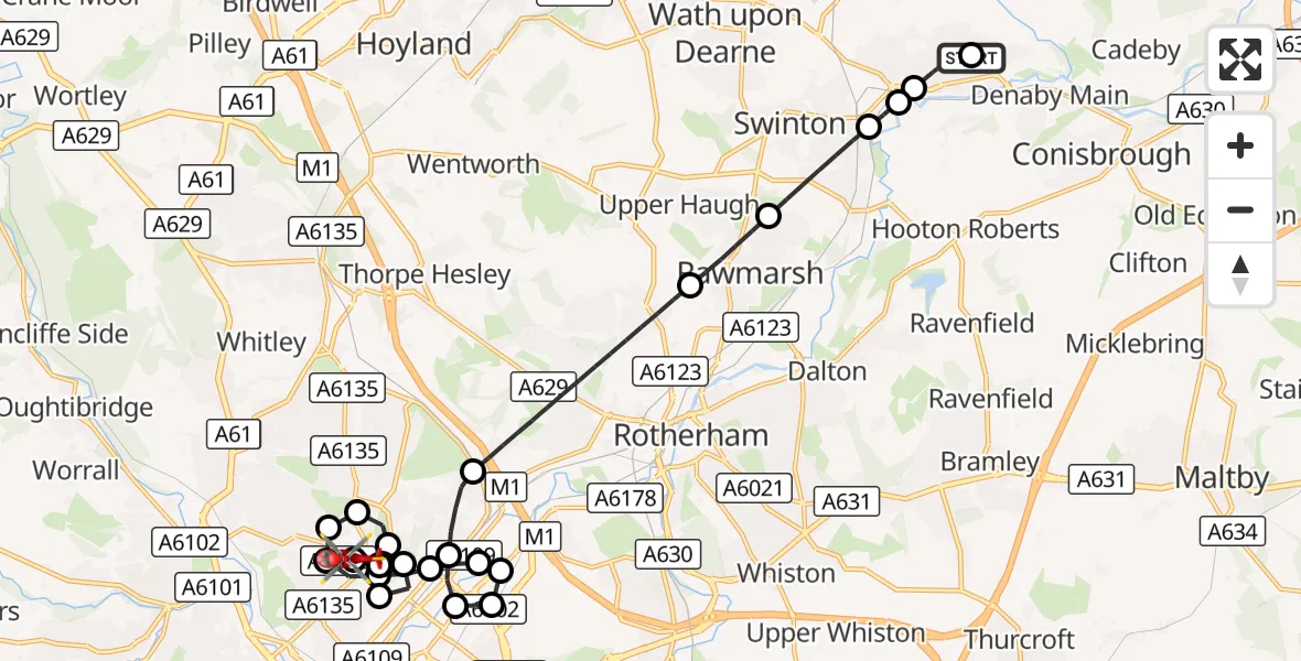 Flight route Air Ambulance Helicopter Old Denaby - Sheffield Northern Hospital, 07 September 2026, 17:33