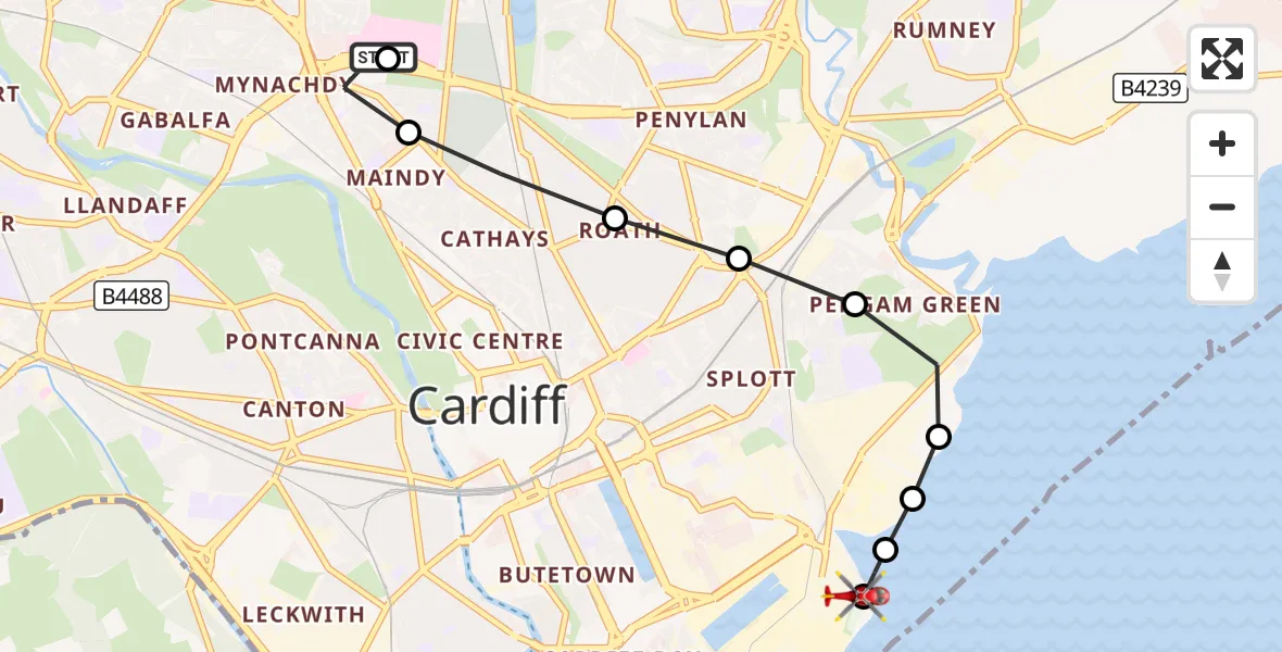 Flight route Air Ambulance Helicopter Birchgrove - Cardiff Heliport, 07 September 2026, 17:40