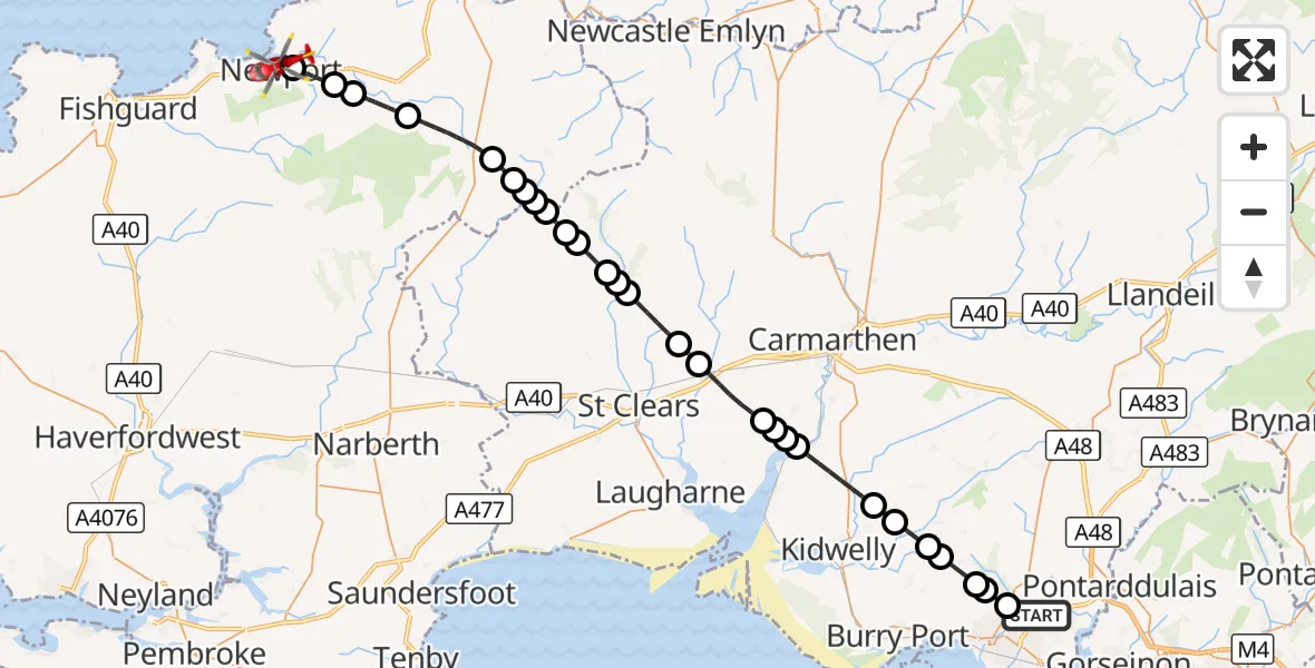 Flight route Air Ambulance Helicopter Dafen - Newport, 07 September 2026, 17:40
