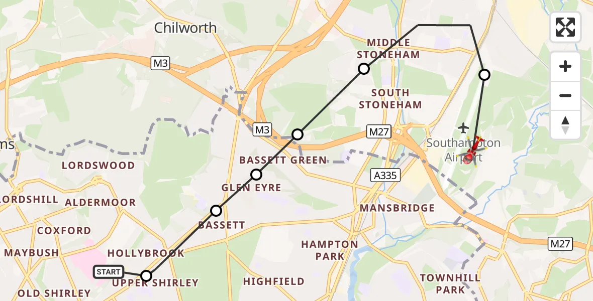 Flight route Air Ambulance Helicopter University Hospital Southampton - Southampton Airport, 07 September 2026, 17:43