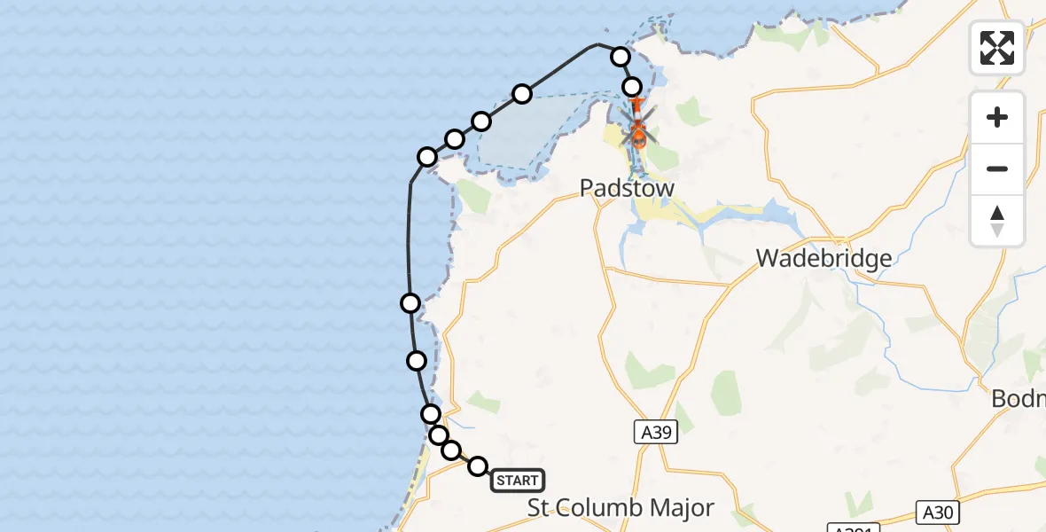 Flight route Coastguard Helicopter Cornwall Airport Newquay - Trebetherick, 07 September 2026, 17:43