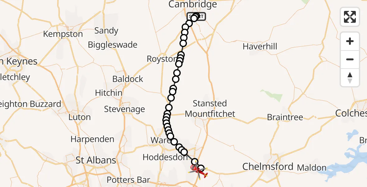 Flight route Air Ambulance Helicopter Papworth Hospital - North Weald Airfield, 07 September 2026, 17:51