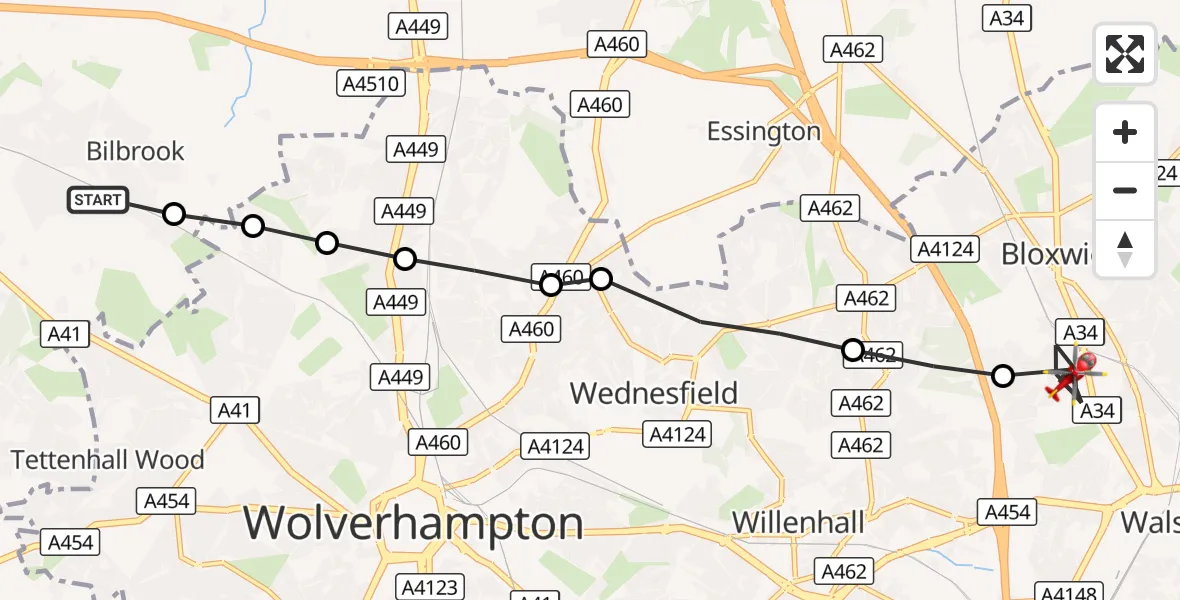 Flight route Air Ambulance Helicopter Codsall - Bloxwich, 07 September 2026, 18:00
