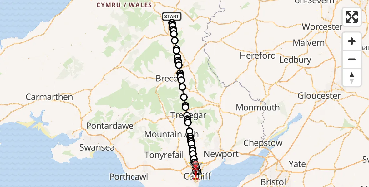 Flight route Air Ambulance Helicopter Llandrindod - Gabalfa, 07 September 2026, 18:01