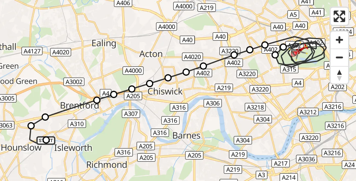 Flight route Air Ambulance Helicopter Worton - City of Westminster, 07 September 2026, 18:02