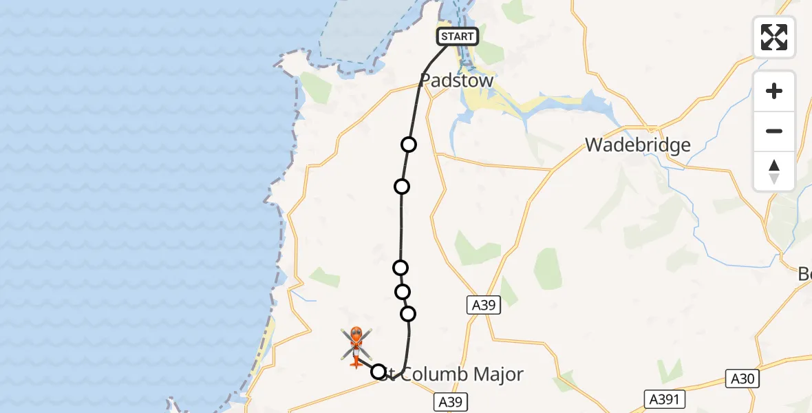 Flight route Coastguard Helicopter Padstow - Cornwall Airport Newquay, 07 September 2026, 18:16