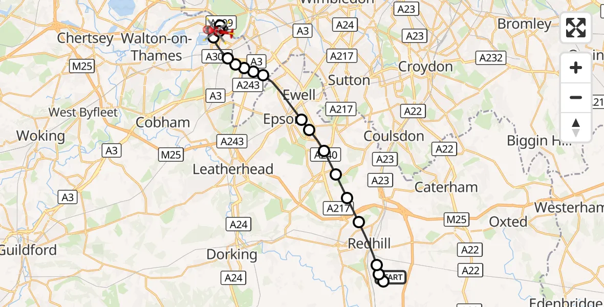 Flight route Air Ambulance Helicopter Redhill Aerodrome - Elmbridge, 07 September 2026, 18:21
