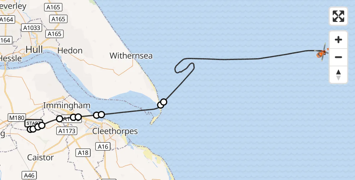 Flight route Coastguard Helicopter Humberside Airport - North Sea, 07 September 2026, 18:28