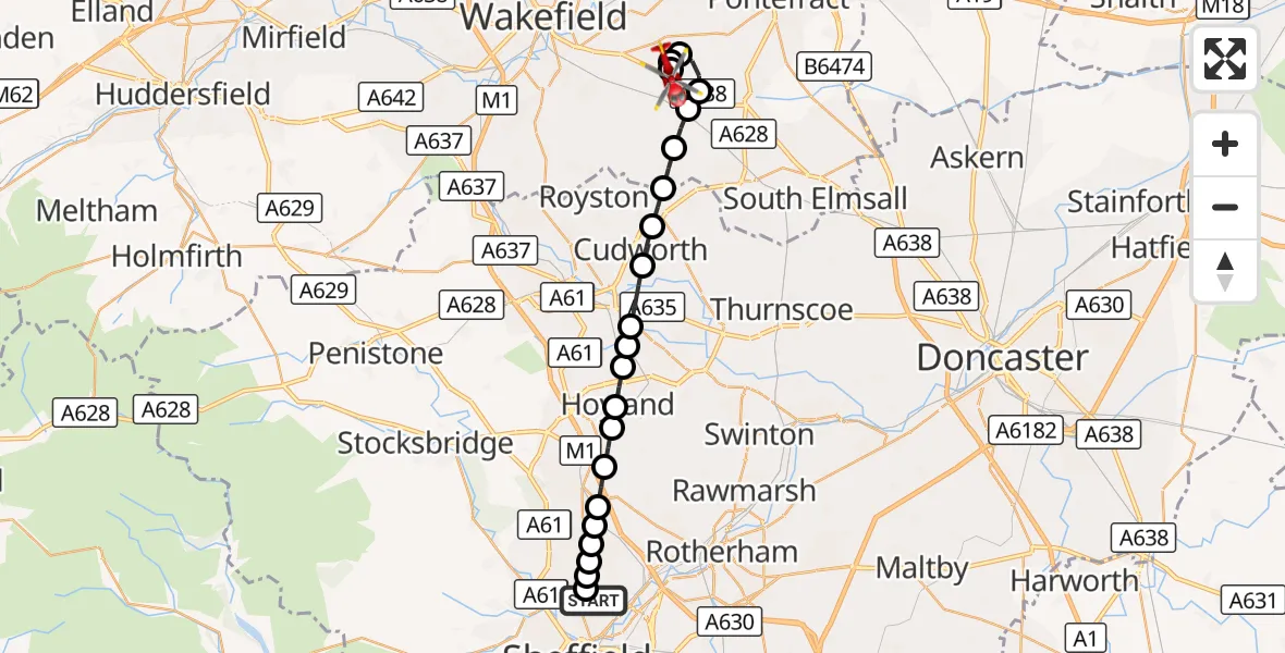 Flight route Air Ambulance Helicopter Sheffield Northern Hospital - YAA Nostell Helicopter Port, 07 September 2026, 18:30