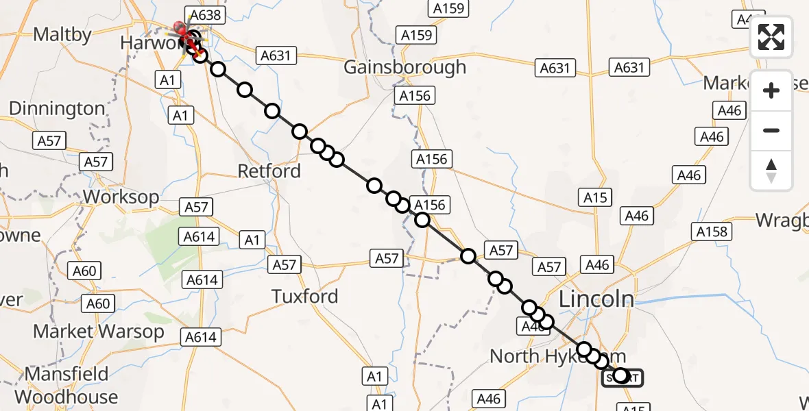 Flight route Air Ambulance Helicopter RAF Waddington - Bircotes, 07 September 2026, 18:34