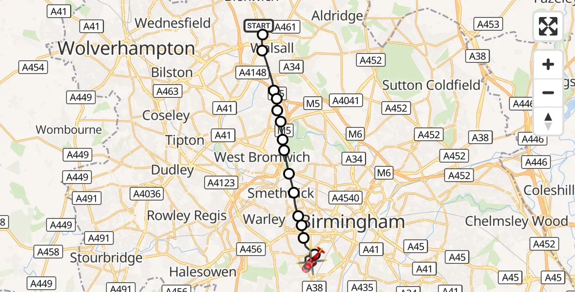 Flight route Air Ambulance Helicopter Bloxwich - Metchley, 07 September 2026, 18:41