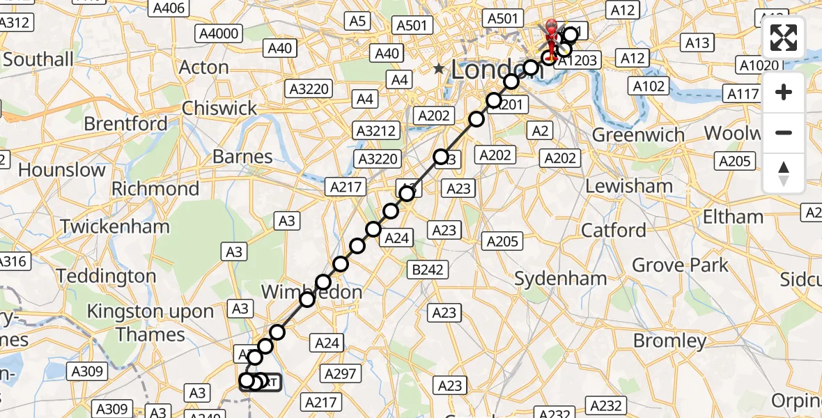 Flight route Air Ambulance Helicopter Worcester Park - Royal London Hospital, 07 September 2026, 18:43