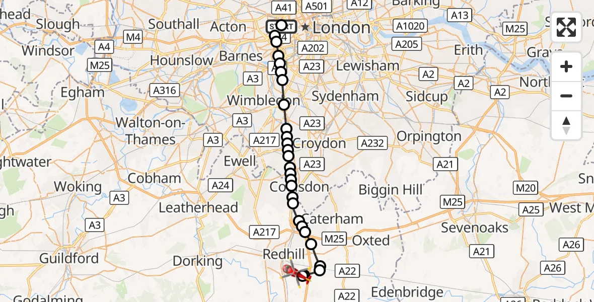 Flight route Air Ambulance Helicopter City of Westminster - Redhill Aerodrome, 07 September 2026, 18:48