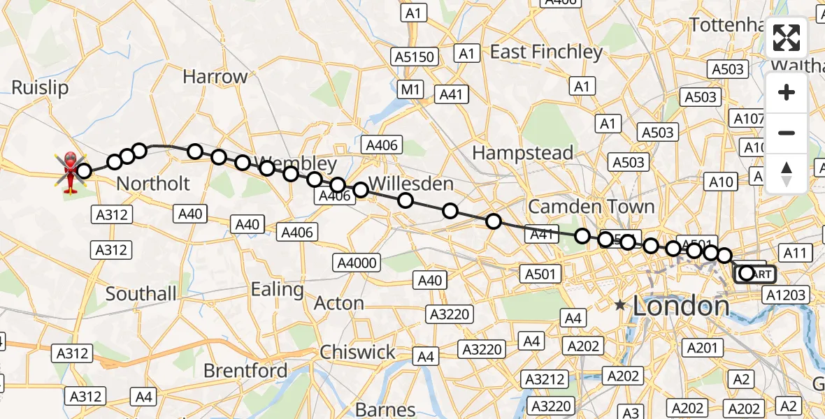 Flight route Air Ambulance Helicopter Royal London Hospital - RAF Northolt, 07 September 2026, 18:57