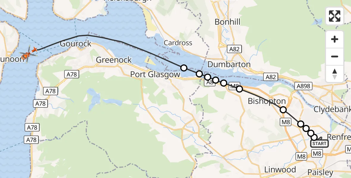 Flight route Coastguard Helicopter Glasgow Airport - Inner Seas, 07 September 2026, 19:05