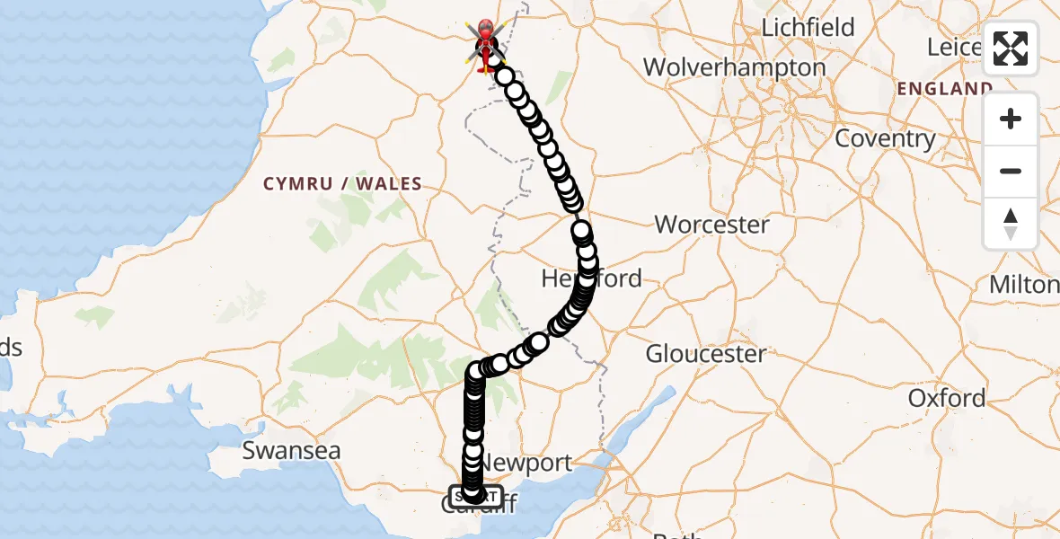 Flight route Air Ambulance Helicopter Birchgrove - Welshpool Airport, 07 September 2026, 19:09