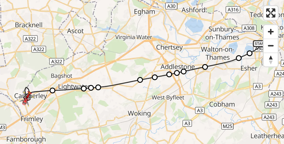 Flight route Air Ambulance Helicopter Thames Ditton - Camberley, 07 September 2026, 19:19