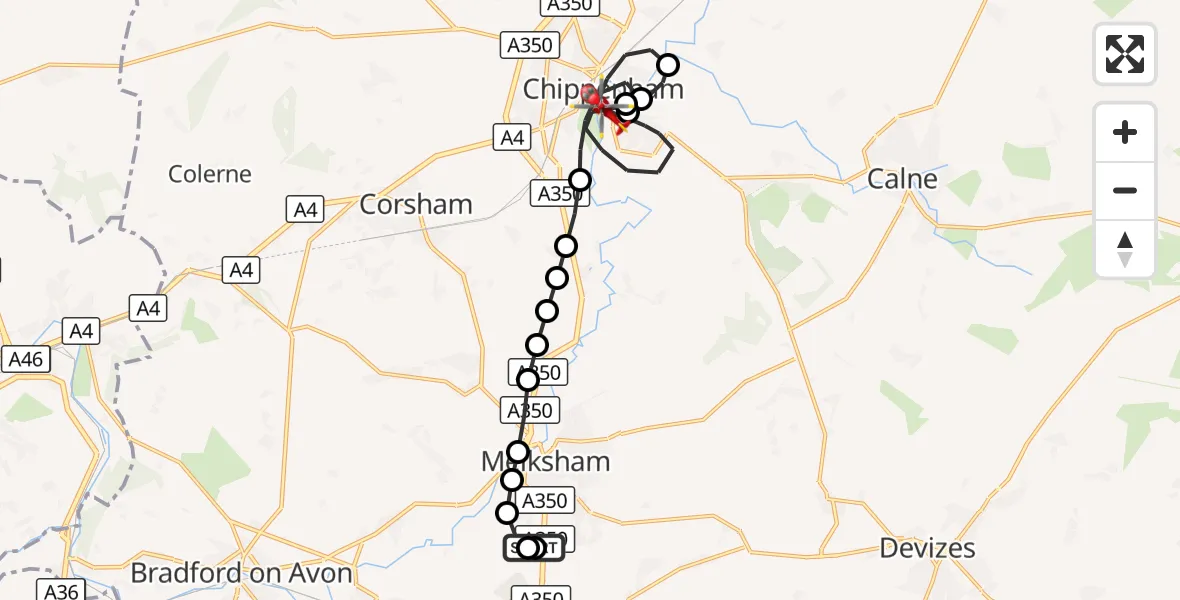 Flight route Air Ambulance Helicopter Wiltshire Air Ambulance - Chippenham, 07 September 2026, 19:25