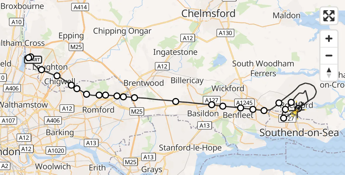Flight route Police Helicopter Sewardstonebury - London Southend Airport, 07 September 2026, 19:32