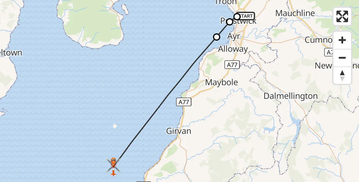 Flight route Coastguard Helicopter Glasgow Prestwick Airport - Inner Seas, 07 September 2026, 19:38