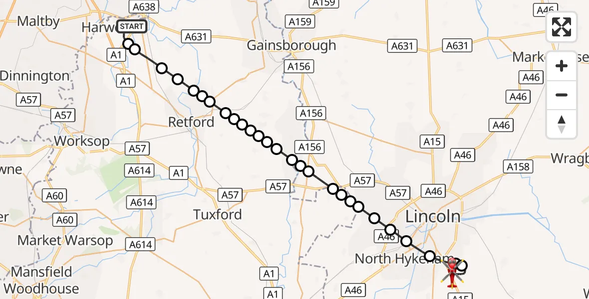 Flight route Air Ambulance Helicopter Bircotes - North Kesteven, 07 September 2026, 19:38