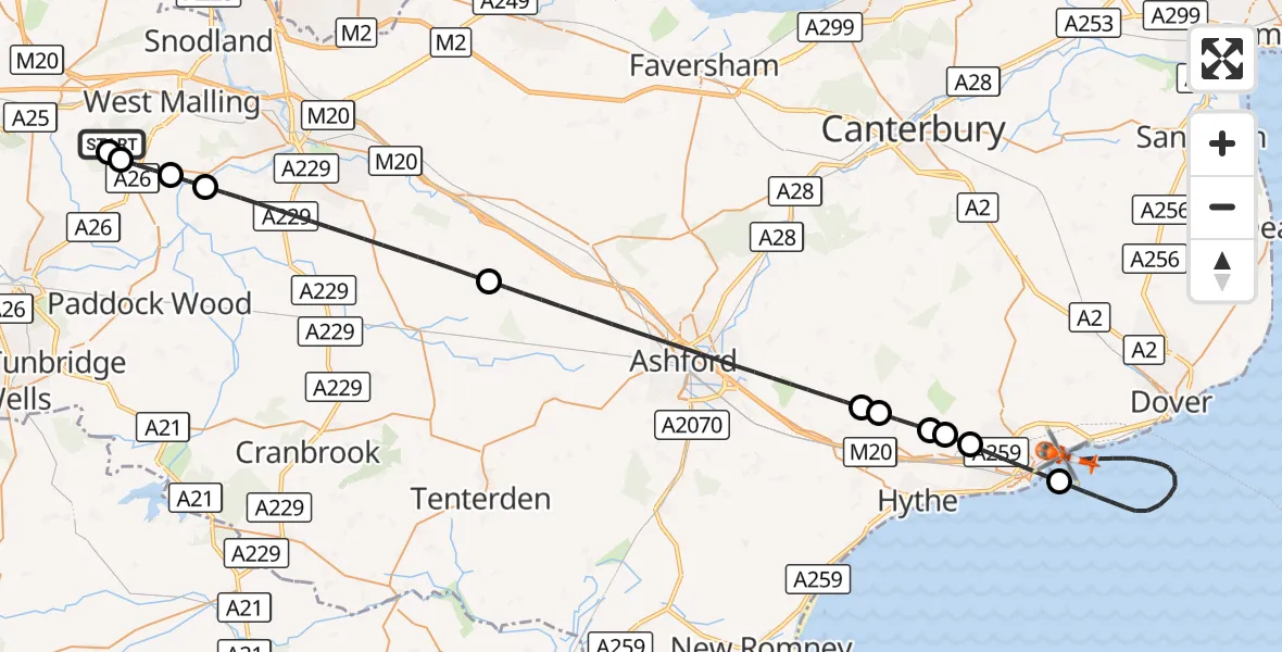 Flight route Coastguard Helicopter Mereworth - English Channel, 07 September 2026, 19:42