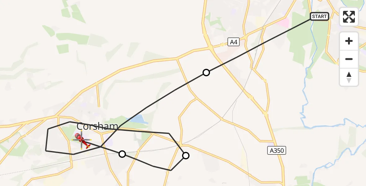 Flight route Air Ambulance Helicopter Chippenham - Corsham, 07 September 2026, 19:48