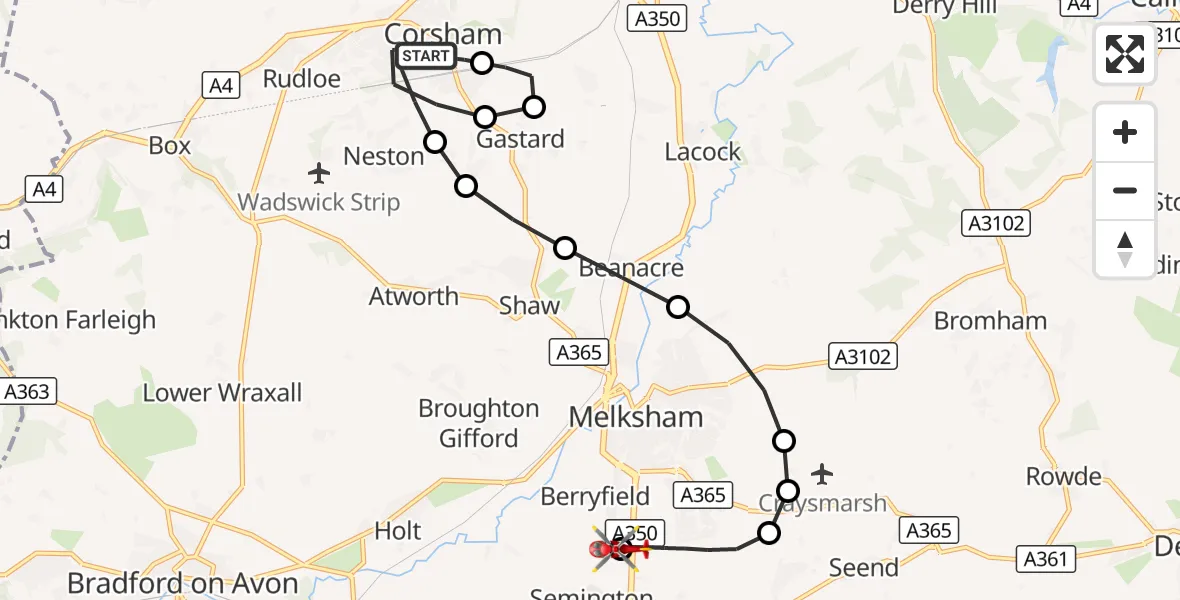 Flight route Air Ambulance Helicopter Corsham - Wiltshire Air Ambulance, 07 September 2026, 19:56