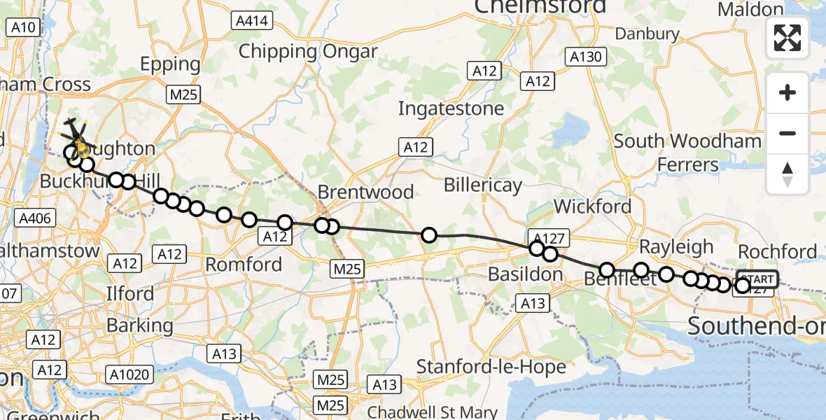 Flight route Police Helicopter London Southend Airport - Sewardstonebury, 07 September 2026, 20:26