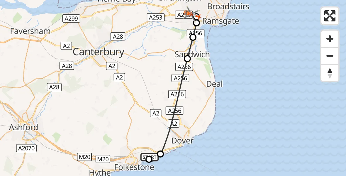 Flight route Coastguard Helicopter Dover - Manston Airport, 07 September 2026, 20:30