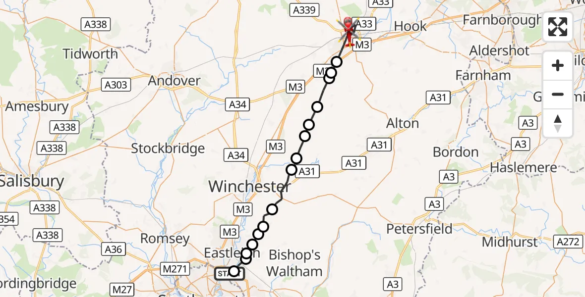Flight route Air Ambulance Helicopter Southampton Airport - Basingstoke, 07 September 2026, 20:44