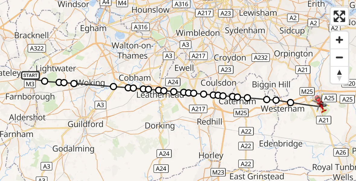 Flight route Air Ambulance Helicopter Camberley - Sevenoaks, 07 September 2026, 20:54
