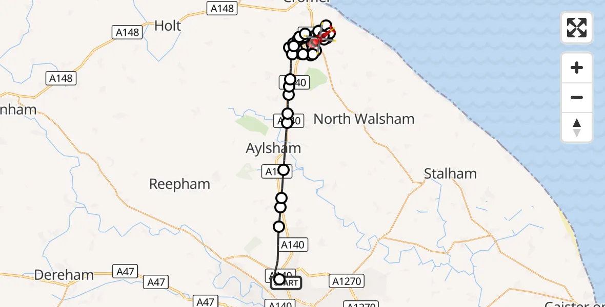 Flight route Air Ambulance Helicopter Norwich Airport - Northrepps Aerodrome, 07 September 2026, 21:17