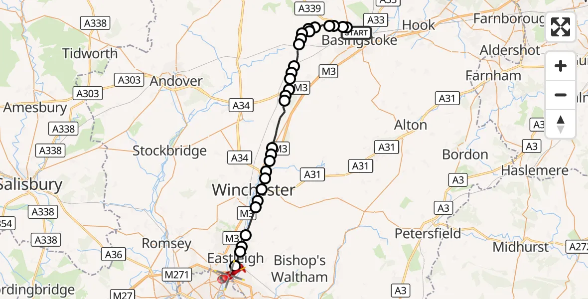 Flight route Air Ambulance Helicopter Basingstoke - Southampton Airport, 07 September 2026, 21:30