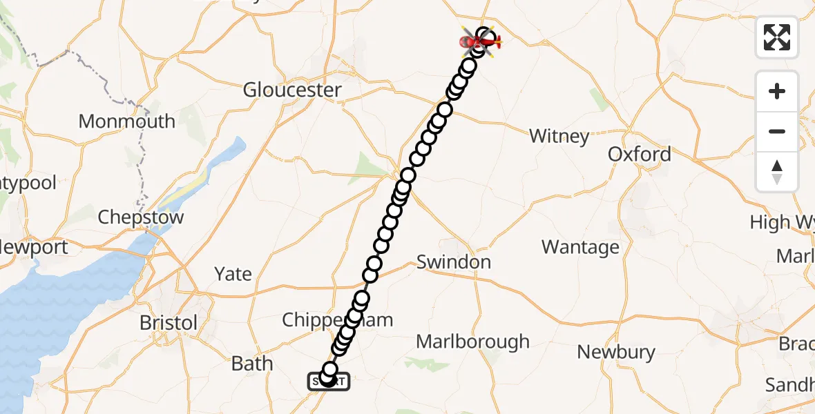 Flight route Air Ambulance Helicopter Wiltshire Air Ambulance - Broadwell, 07 September 2026, 21:46