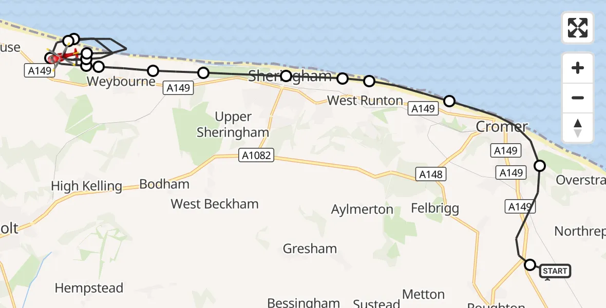 Flight route Air Ambulance Helicopter Northrepps Aerodrome - Weybourne Airstrip, 07 September 2026, 21:47