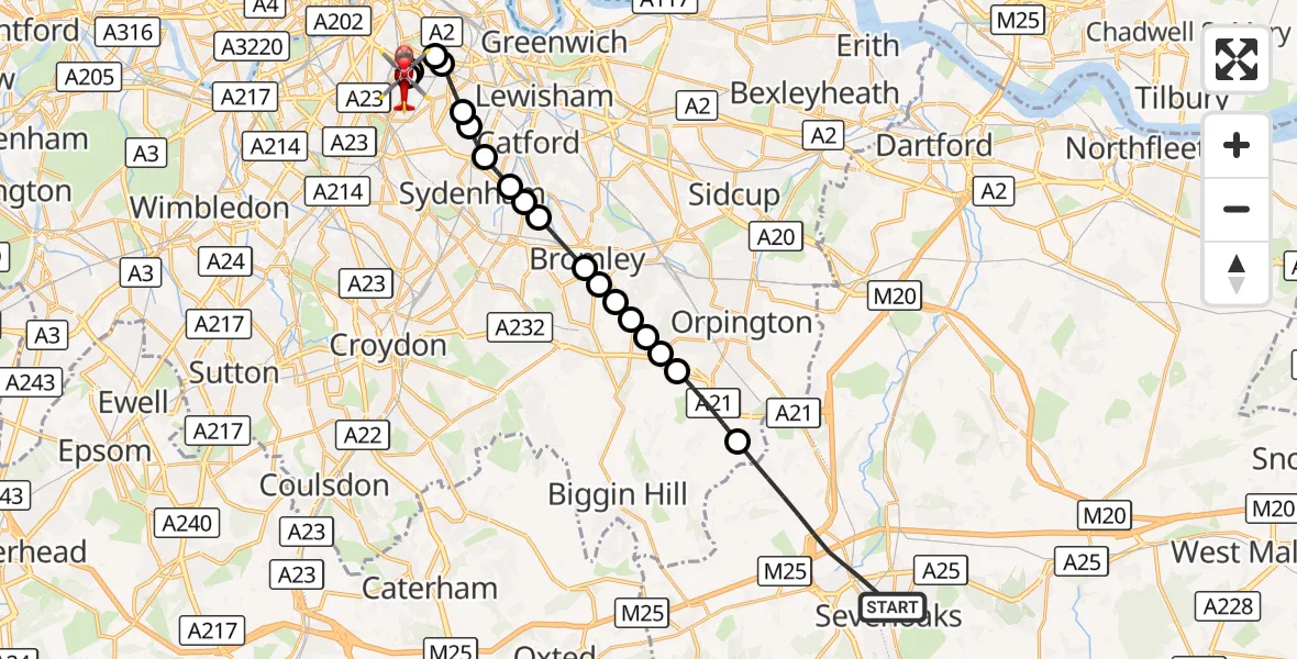 Flight route Air Ambulance Helicopter Sevenoaks - Kings College London Hospital, 07 September 2026, 21:58