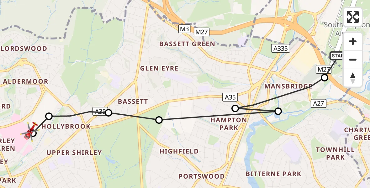 Flight route Air Ambulance Helicopter Southampton Airport - University Hospital Southampton, 07 September 2026, 22:02