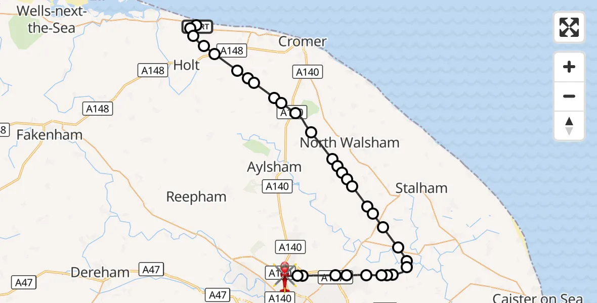 Flight route Air Ambulance Helicopter Salthouse - Norwich Airport, 07 September 2026, 22:05