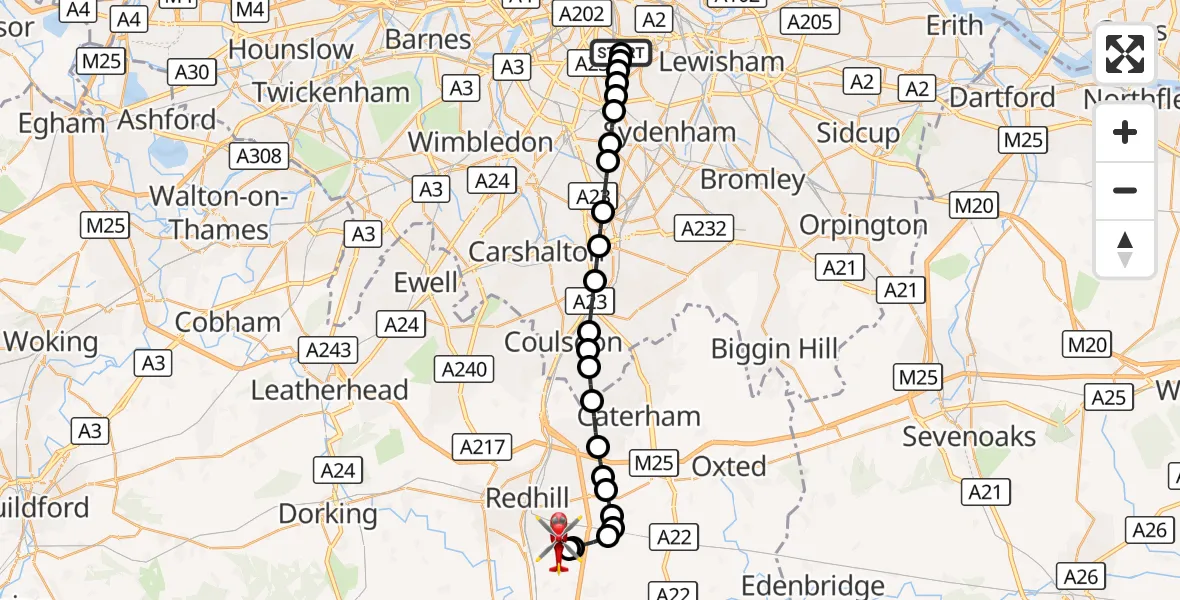Flight route Air Ambulance Helicopter Kings College London Hospital - Redhill Aerodrome, 07 September 2026, 23:07