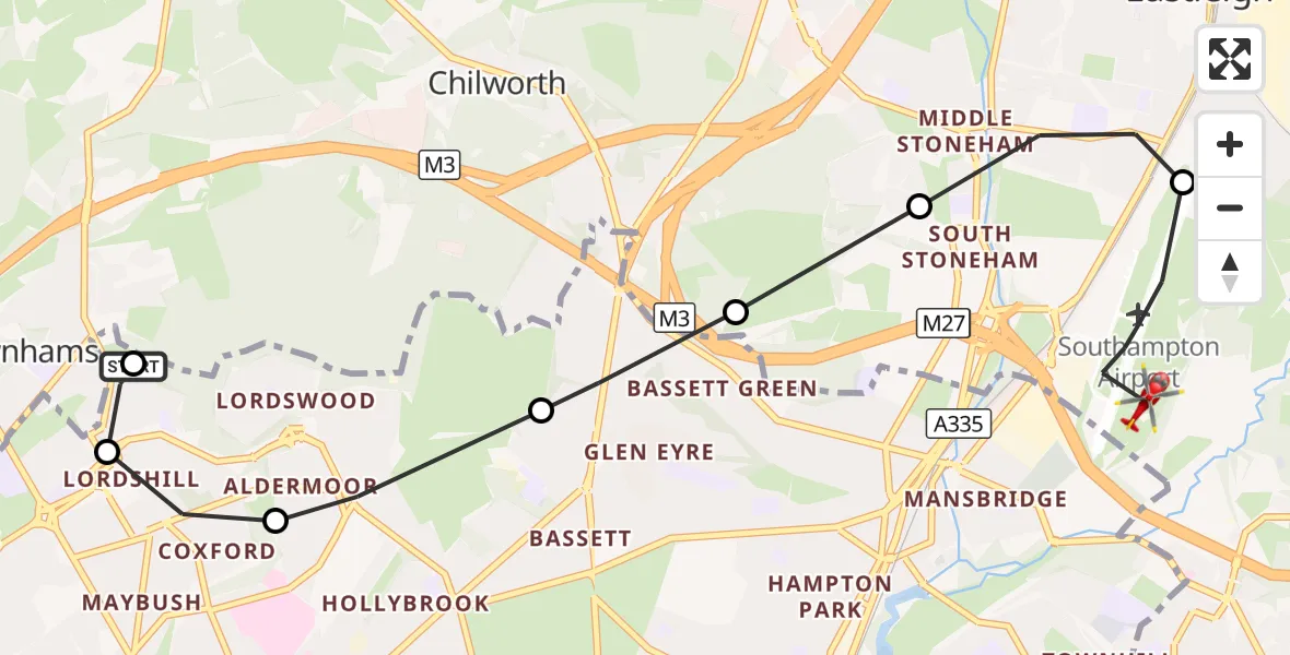 Flight route Air Ambulance Helicopter Lordshill - Southampton Airport, 07 September 2026, 23:19
