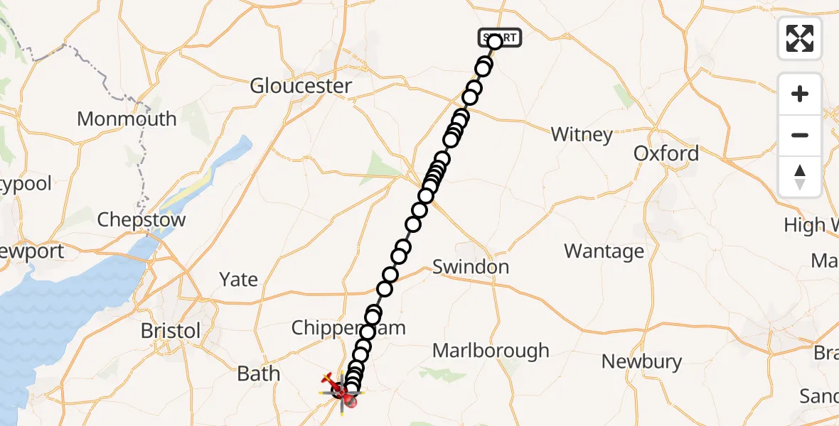 Flight route Air Ambulance Helicopter Broadwell - Wiltshire Air Ambulance, 07 September 2026, 23:21